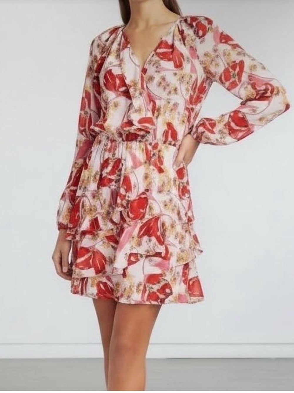 Parker Red and Cream Floral Tiered V-Neck Mini Dress